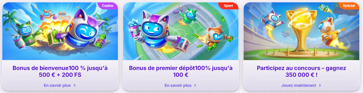 Offres promotionnelles du casino Robocat avec bonus de bienvenue, bonus de premier dépôt et concours à 350 000 €