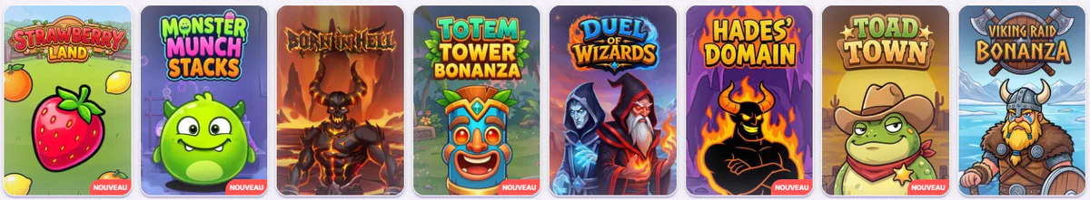 Sélection de machines à sous du casino Robocat avec Strawberry Land, Monster Munch Stacks, Burning Hell, Totem Tower Bonanza, Duel Wizards, Hades’ Domain, Toad Town et Viking Raid Bonanza